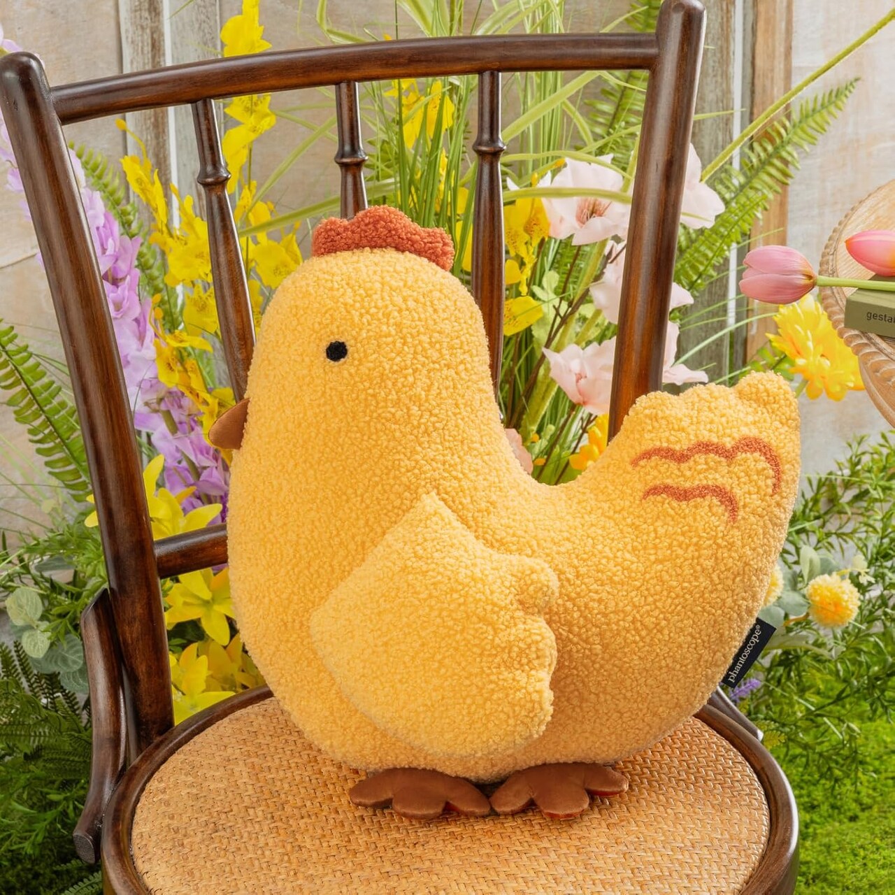 Happy Easter Shaped Throw Pillow, Soft Teddy Sherpa Chick Pillow, Decorative Easter Chicken Pillow with Wings Cockscomb Feet